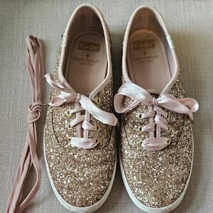 Kate Spade Keds Rose Gold Glitter Sneakers with Pink Laces